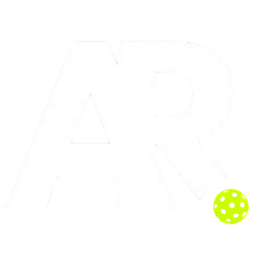 White 'AR' logo with a yellow circle pickleball on a transparent background